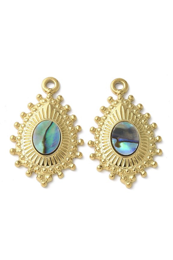 10pcs Teardrop 304 Stainless Steel Paua Shell/White Shell Pendants golden 27x17x2.5~3mm Hole: 1.6mm