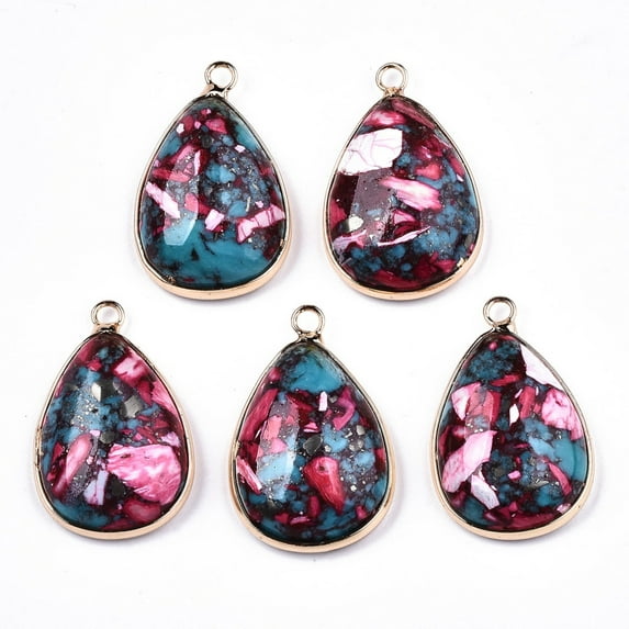 10pcs Teardrop Assembled Turquoise and Regalite/Imperial Jasper Pendants with Iron Loop and Brass Edge Light golden Dyed Cerise 30x19x7~8mm Hole: 2mm