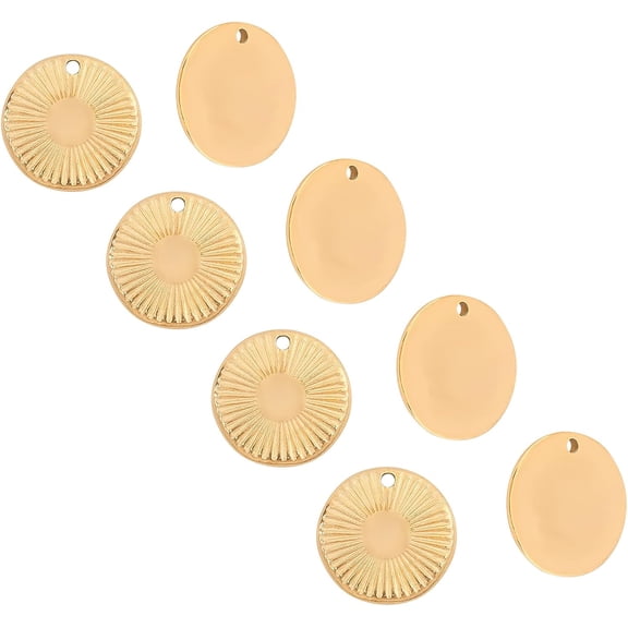 10pcs Textured Round Charm Golden Flat Pendants Stainless Steel Metal Charm Textured Flat Round Pendant DIY 15mm Hole 1.4mm
