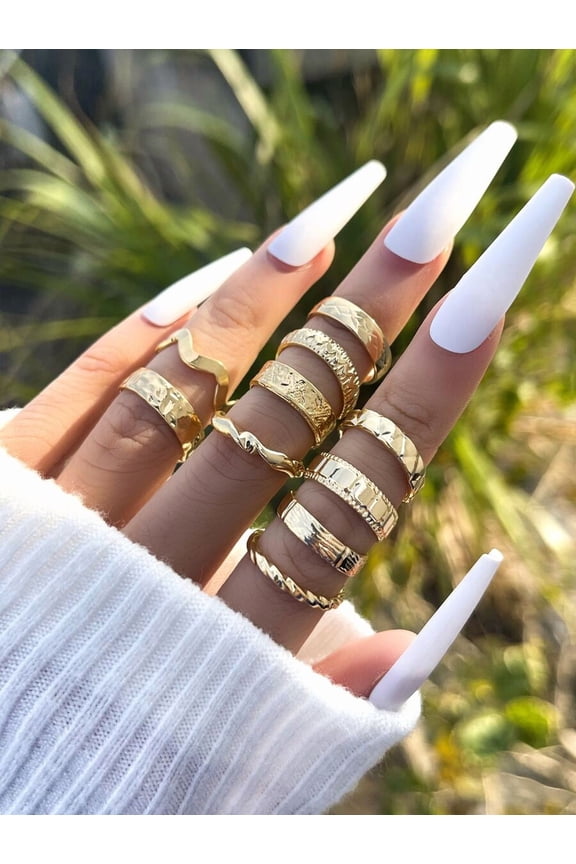 10pcs Textured Yellow Gold Tone Metal Ring Set For Women