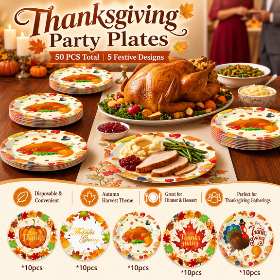 10pcs Thanksgiving Paper Plates with Pumpkin and Maple Leaf Designs, Disposable Fall Dinnerware for Friendsgiving, Harvest Party, Holiday Buffet, Dessert and Main Courses, 9in, Yellow2