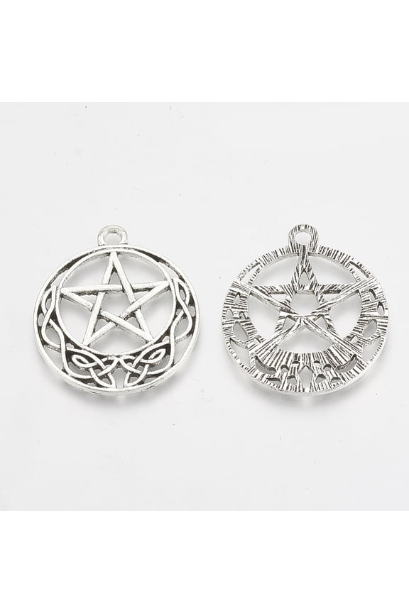 10pcs Tibetan Style Alloy Pentacle Pendants Pendants Flat Round with Pentagram Star Silver 30.5x26x1.5mm Hole: 2mm