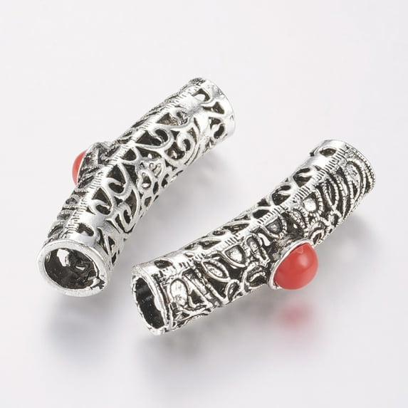 10pcs Tibetan style Alloy Hollow Tube Beads with Resin Cabochon Red 40x10x12mm Hole: 7.5mm