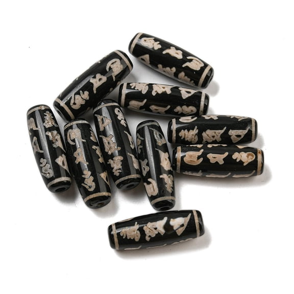 10pcs Tibetan style dZi Beads Strands Natural Dyed Agate Beads Rice Black Blessings Pattern 28.5~30x10mm Hole: 2~2.5mm