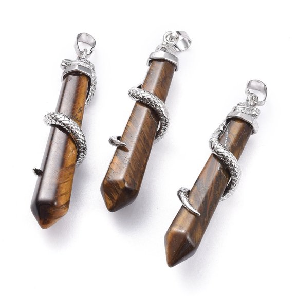 10pcs Tiger Eye Big Pointed Pendants with Brass Bails Faceted with Snake 59~61.5x11~12x11~12mm Hole: 5x8mm