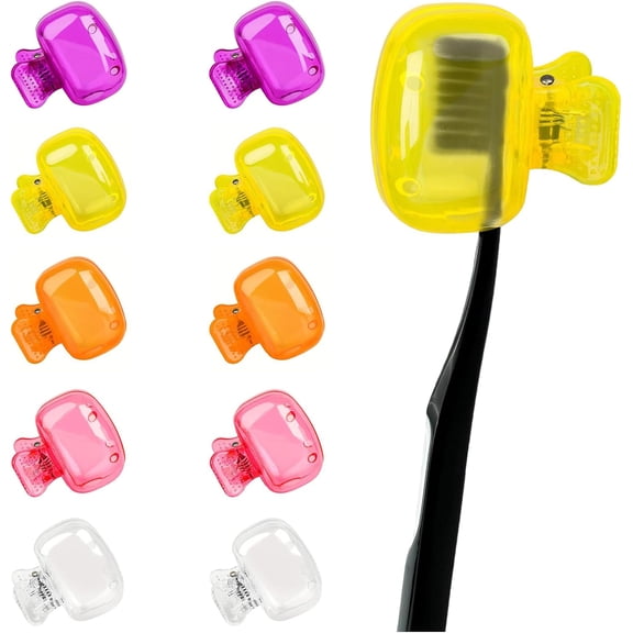10pcs Toothbrush Cover, Toothbrush Protector Case, Travel Tooth Brush Head Pod Case, Toothbrush Cap Plastic Clip for Household Bathroom School (Pink, Purple, Orange, Yellow, Clear)