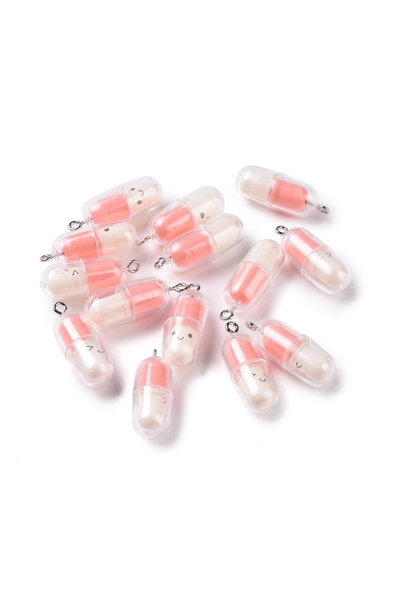 10pcs Translucent Plastic Pendants Pill Capsule Charm with Tone Iron Loops Pink 29x10.5mm Hole: 2mm