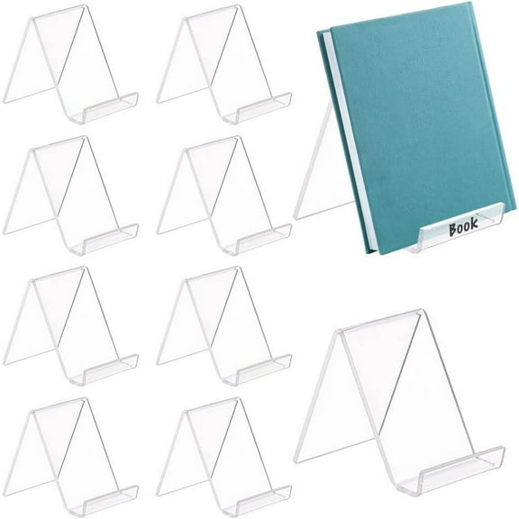 10pcs Transparent Acrylic Book Display Stands Clear N/C Shape Acrylic Flat Back Display Easel Picture Album Brochure Holder for Displaying Organizer Books (4.3x4.1x1.5 Inch) for DIY Clear