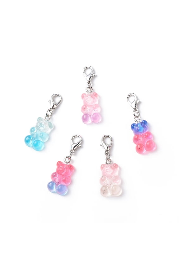 10pcs Transparent Gradient color Resin Bear Pendant Decorations Lobster Clasp Charms Clip-on Charms for Keychain Purse Backpack Ornament Stitch Marker Mixed color 34mm