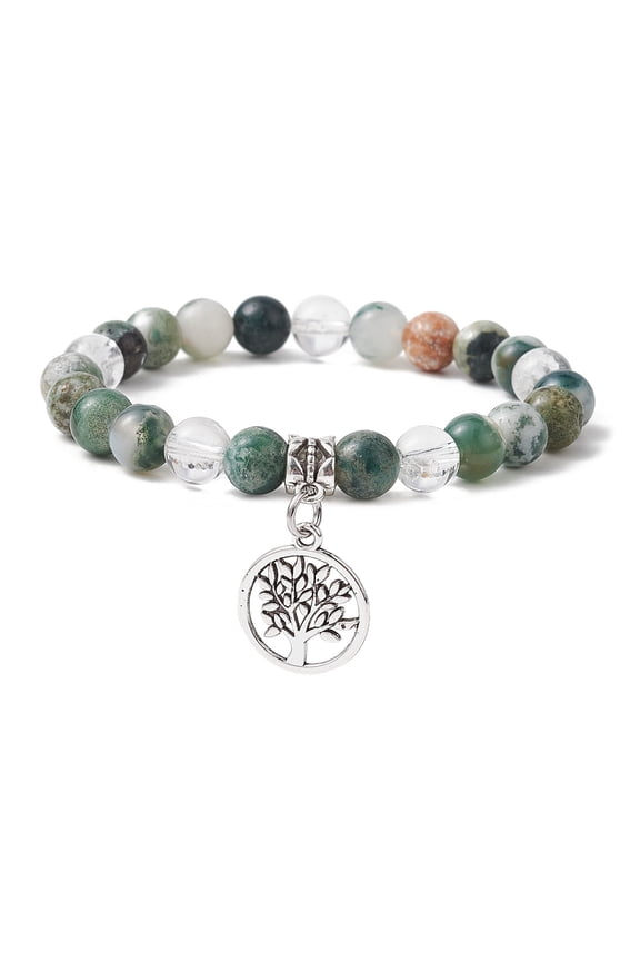 10pcs Tree Agate Round Bead Stretch Bracelets Tree of Life Alloy Charm Bracelets for Women Inner Diameter: 2-1/4 inch(5.6cm)