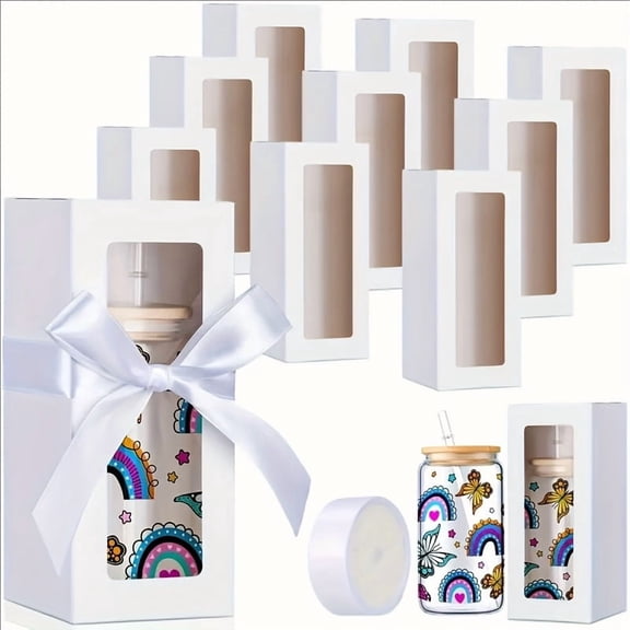 10pcs Tumbler Gift Box Bulk -Solid Color Pink, Black, White Rectangular Paper Gift Boxes with Display Window and Ribbon for 12/16/20OZ Tumbler, packaging box wine for Wedding, Christmas, Thanksgiving
