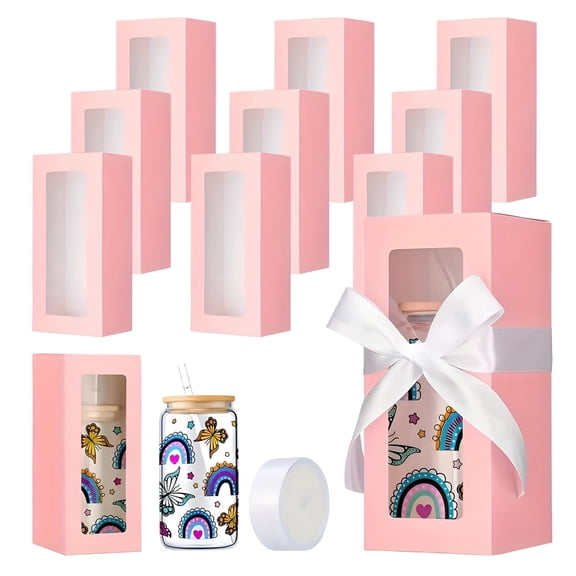 10pcs Tumbler Gift Box Bulk -Solid Color Pink, Black, White Rectangular Paper Gift Boxes with Display Window and Ribbon for 12/16/20OZ Tumbler, packaging box wine for Wedding, Christmas, Thanksgiving