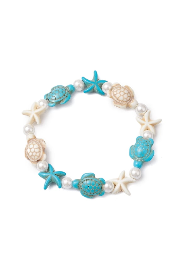 10pcs Turquoise Beaded Stretch Bracelets for Women with Shell Pearl Starfish & Tortoise Inner Diameter: 2-1/4 inch(5.85cm)