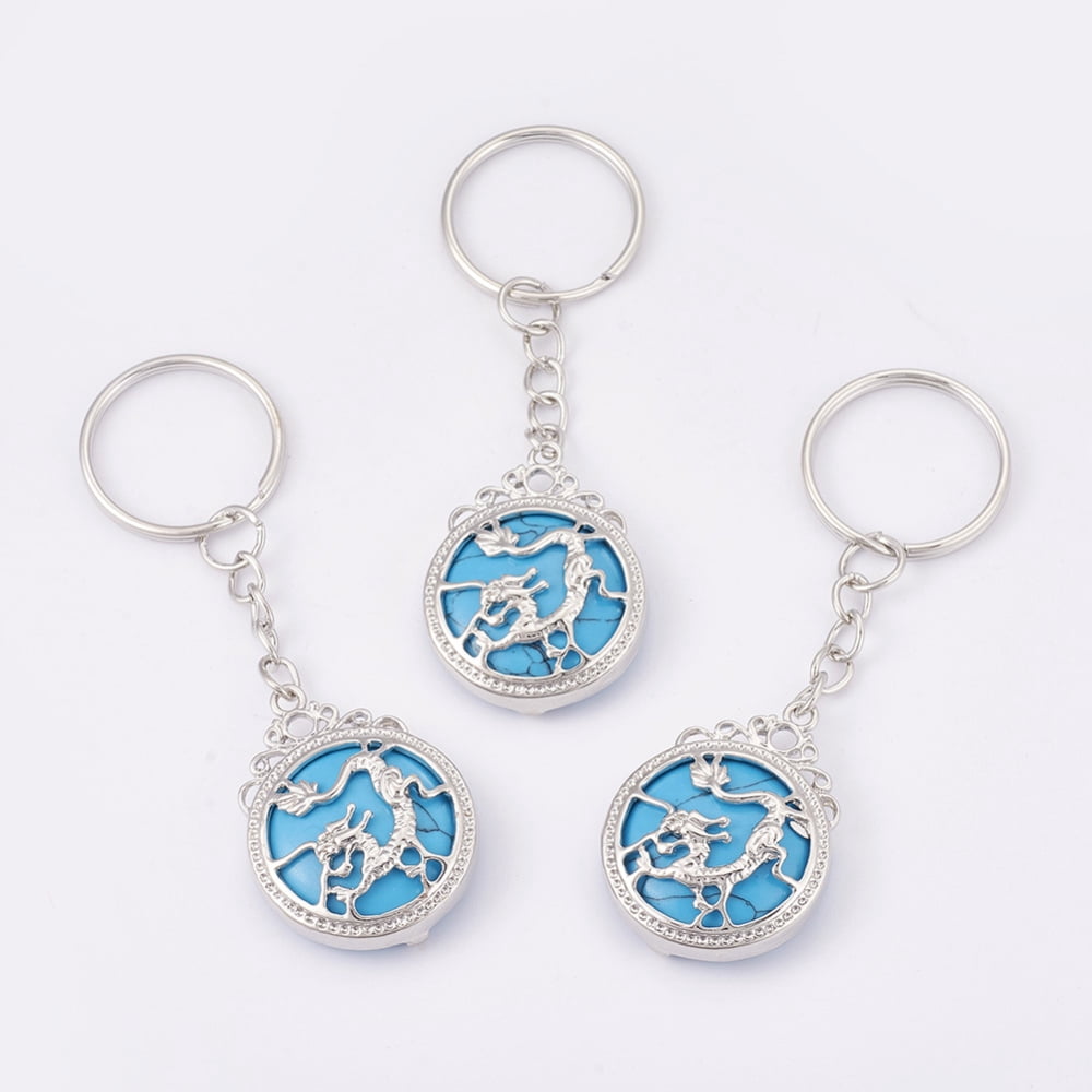 10pcs Turquoise Keychain with Iron Key Rings Flat Round with Dragon 80mm : 34.5x26x8.5mm