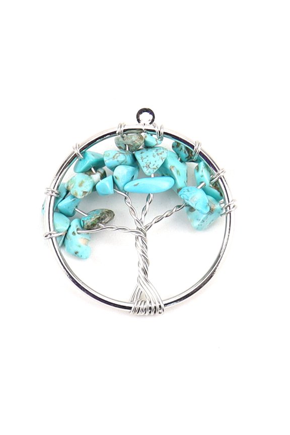 10pcs Turquoise Tree fo Life Pendants Iron Ring Chip Gems Tree Charms Platinum 30mm