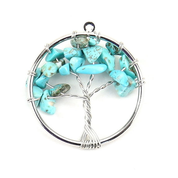 10pcs Turquoise Tree fo Life Pendants Iron Ring Chip Gems Tree Charms Platinum 30mm