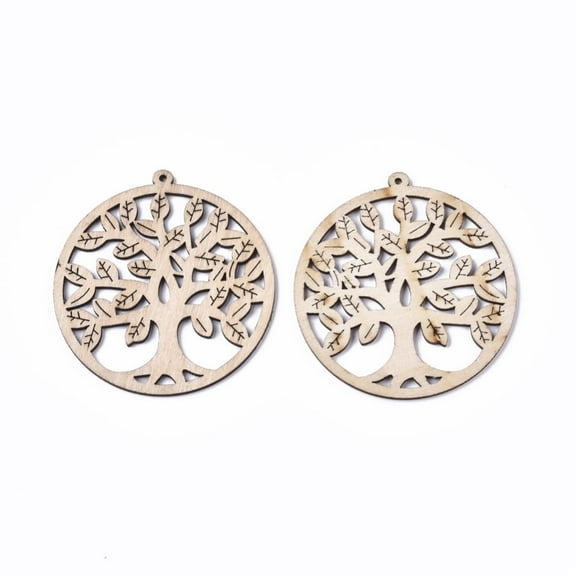 10pcs Undyed Wooden Big for Laser Cut Shapes Flat Round with Tree of Life White 74.5x69.5x2.5mm Hole: 2mm