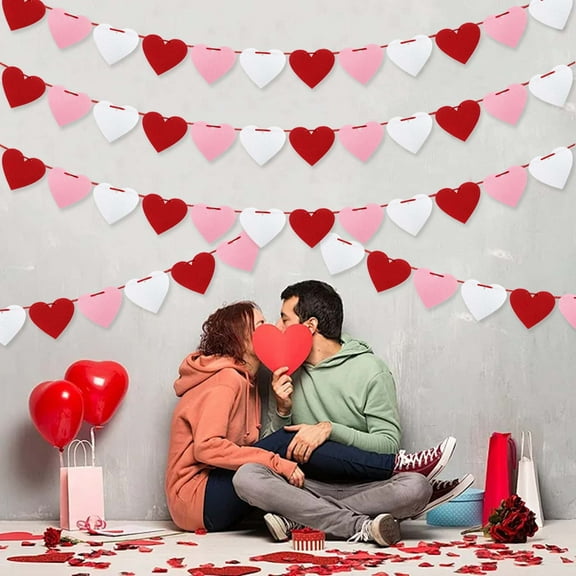 10pcs Valentine's Day Felt Heart Banner Flags - 4*4in Red/Pink/White Party Bunting, Cute Heart-Shaped Pull Flags for Home, Party & Wedding Decorations, Festive Romantic Accent, Multicolour
