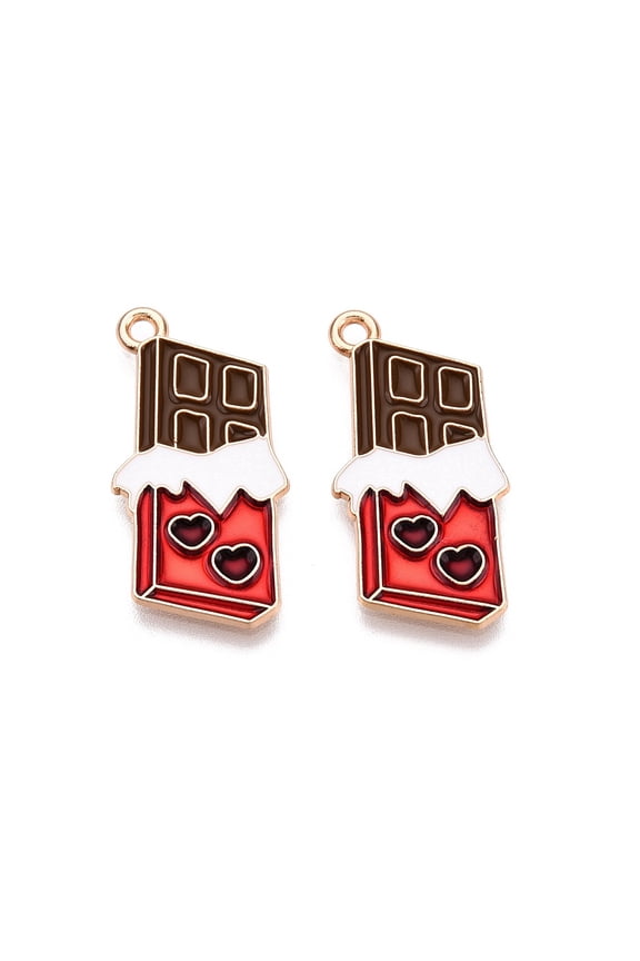 10pcs Valentine's Day Theme Alloy Enamel Pendants Lead Free & Cadmium Free Golden Chocolate Charm Red 28x14x1mm Hole: 1.8mm