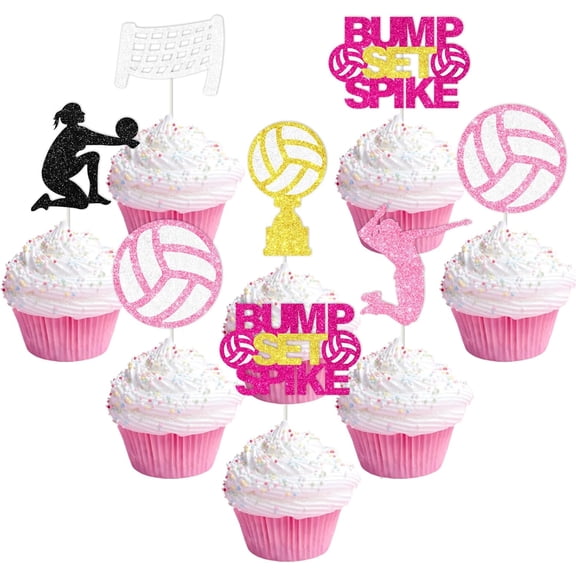 10pcs Volleyball Cupcake Toppers, Pink Bump Set Spike Volleyball Theme Birthday Cake Decorations Glitter for Women Girl Sports Themed Birthday Baby Shower Party Supplies