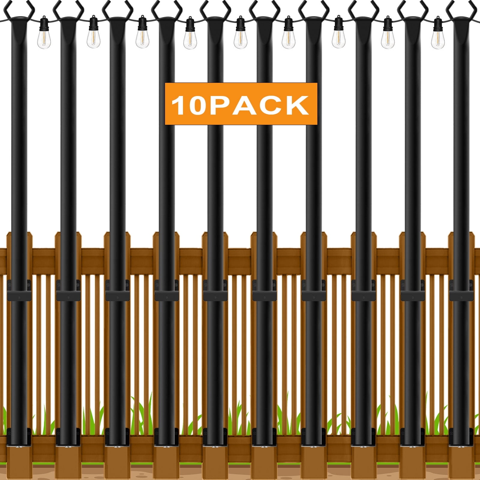 [10pcs Wall Railing Metal Pole] String Light Poles, 5Ft Metal Poles For Outdoor String Lights, Outdoor Light Poles With Post, Poles/Stand For Outside, Patio, Deck Backyard, Garden,