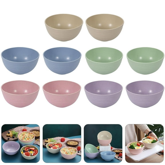 10pcs Wheat Straw Lightweight Rice Bowls (Pink + Blue + Beige + Green + Purple)