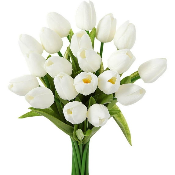 10pcs White Artificial Tulip Flowers 13.5" - Silk Flowers Bouquets for Easter, Mother's Day, Wedding Decor - Home Kitchen Table Centerpieces (Bulk Set)