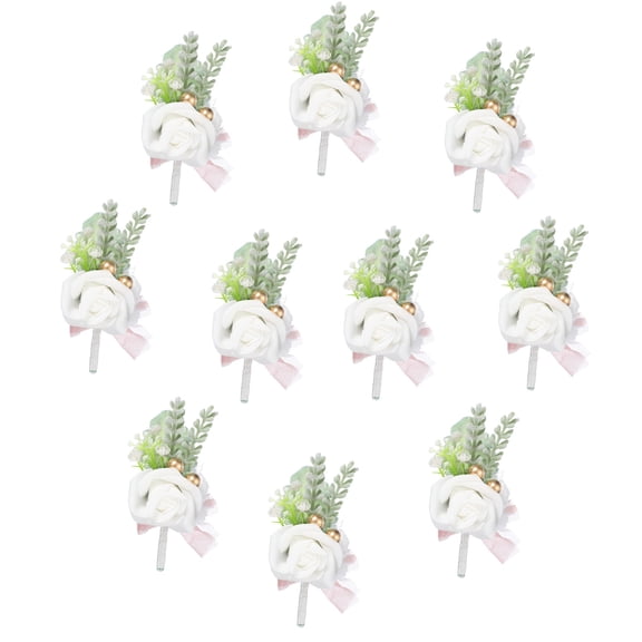 10pcs White Boutonnieres for Men, Artificial Flower Buttonholes Pocket Corsage