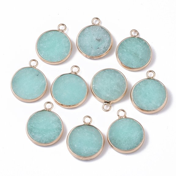 10pcs White Pendants with Golden Tone Brass Open Back Bezel Dyed Flat Round Pale Turquoise 20.5x16.5x4mm Hole: 2mm