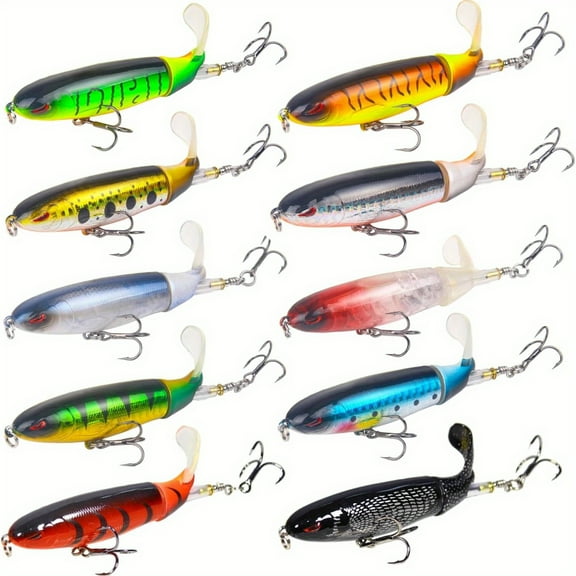 10pcs Whopper Fishing Lure for Bass Popper Top Water Fishing Lures with Floating Rotating Tail Barb Treble Hooks in Saltwater Freshwater Plopping Lures Kit