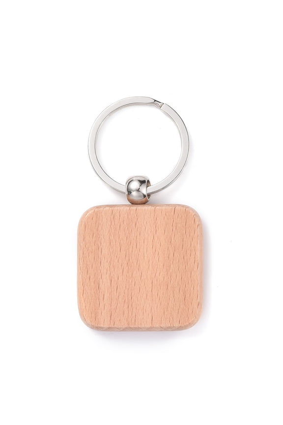 10pcs Wood Keychain with Iron Split Key Rings Square BurlyWood 7.5cm Square: 48.5x39.5x7mm
