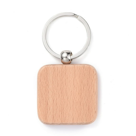 10pcs Wood Keychain with Iron Split Key Rings Square BurlyWood 7.5cm Square: 48.5x39.5x7mm