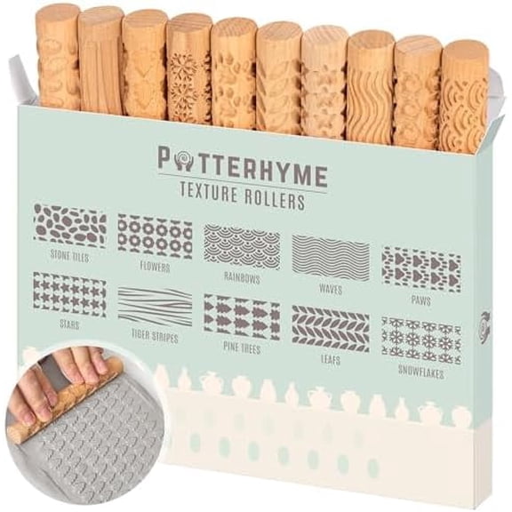 10pcs Wooden Clay Texture Rollers Set for Pottery & Ceramics - Potters Stamp Roller Tools for Ceramic Slabs - Textured Rolling Pins for Modeling, Painting & Glaze Design - Mold Slab Stamps