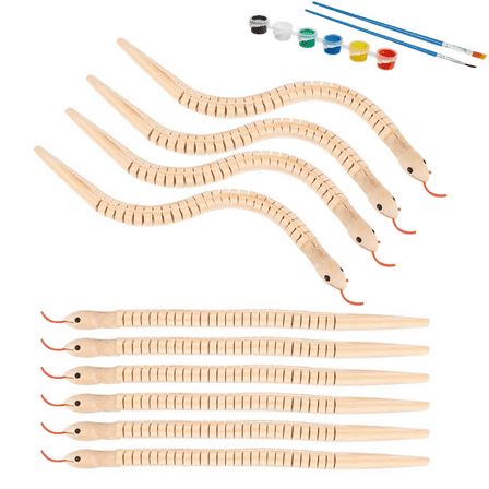 10pcs Wooden Snake Bulk Jointed Flexible Unfinished Wooden Wiggly Snake with 12 Colors Acrylic Craft Paint and Paint Brush for Arts and Crafts Reptile