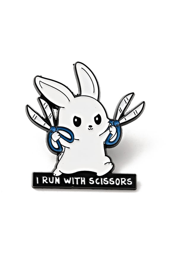 10pcs Word I Run with Scissors Enamel Pin Electrophoresis Black Alloy Rabbit Brooch for Backpack Clothes White 30.5x28.5x1mm White