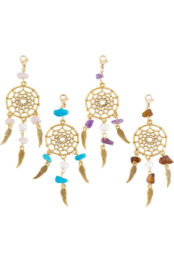 10pcs Woven Net/Web with Feather Pendant Decorations Natural Cultured Freshwater Pearl & Gemstone Chip Beaded Hanging Ornamnent with Lobster Claw Clasps 98mm 1box