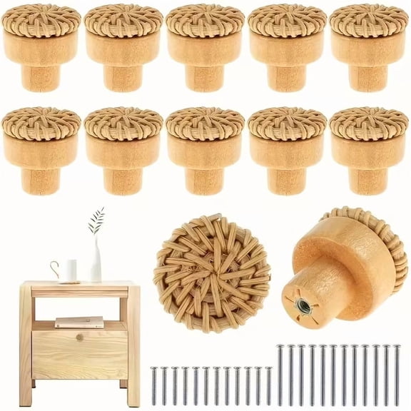 10pcs Woven Wooden Knobs 1.58" Round Rattan Pulls for Cabinet Drawer Closet Hardware