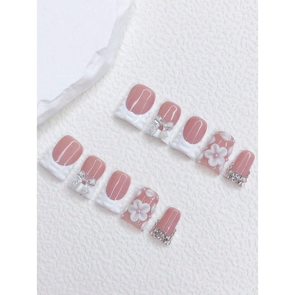 10pcs Y2K Style Red White French Press On Nails Handmade 3D Floral Carved Duck Mouth Nail Tips Silver Bowknot Rhinestone Decor Daily Party Wear Women Girls Gift M Valentine's Day Gift