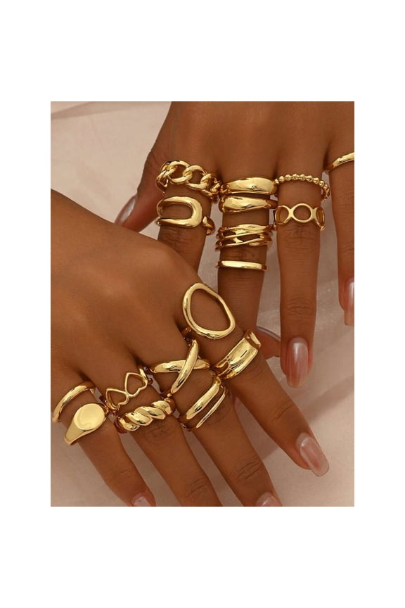 10pcs Yellow Gold Punk Style Chunky Knuckle Ring Set With Geometric & Chain Designs For Daily Party Street Wear