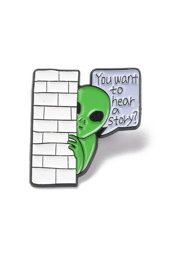 10pcs You Want To Hear A Story Word Enamel Pin Alien Alloy Badge for Backpack Clothes Electrophoresis Black Green 28x26x1.5mm Pin: 1.3mm
