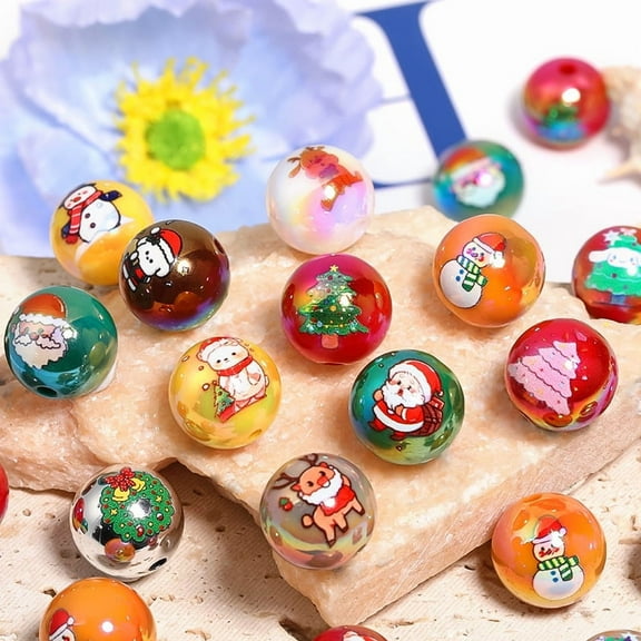 10pcs acrylic Christmas beads pack – cartoon Santa Claus reindeer printed round beads for DIY jewelry making, bracelet necklace, phone charm and pen accessories