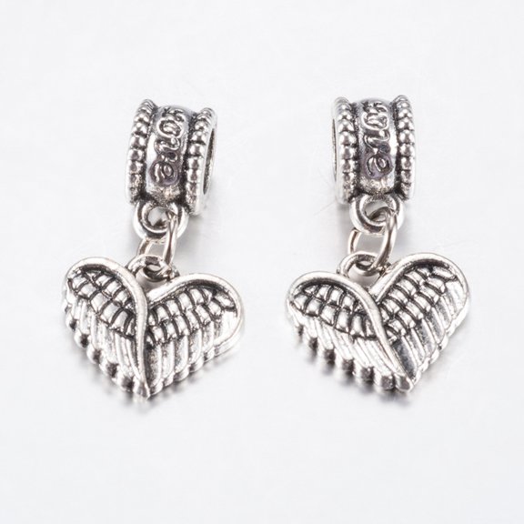 10pcs style Alloy European Dangle Large Hole Pendants Wing & Heart Antique Silver 23mm : 12x13x2mm Hole: 4.5mm