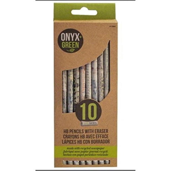 onyx and green recycled newspaper pencils with white erasers, hb #2, 10 pack (1202)