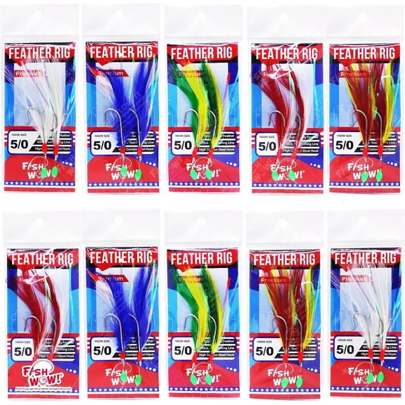 10pks Colors Fish WOW! Fishing Feather Rig Rockfish Rigged Rock cod Lures Jigging Rig with 5/0 Two High-Carbon Steel Hooks