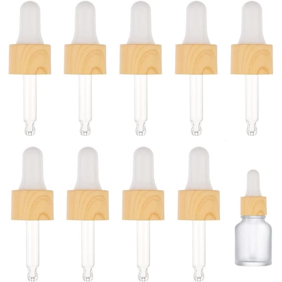 10sets 10 Set Glass Eye Droppers for Essential Oils 5ml Pressure Rotating Cover Oil Droppers Glass Dropper Pipette with Imitation Wood Grain for Essential Oil Bottles