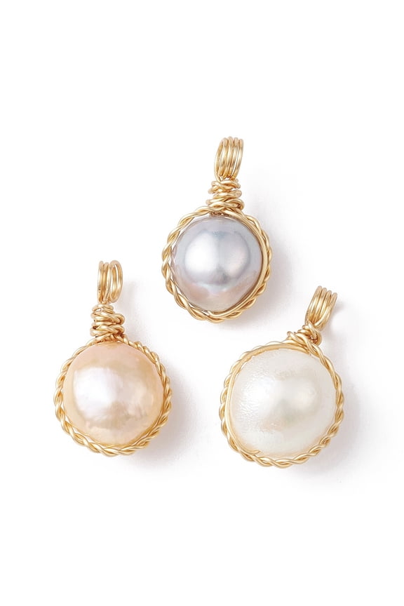 10sets 3pcs Cultured Freshwater Pearl Copper Wire Wrapped Pendants Round Golden Mixed color 18.5~21x11~12x7.5~9.5mm Hole: 3mm