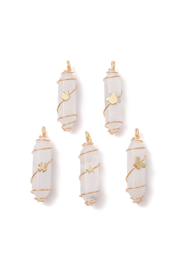 10sets 5pcs 5 styles Quartz Copper Wire Wrapped Pendants Faceted Bullet Rock with Brass Butterfly & Crown & Bear & Cross & Star Golden 36~37.5x10~10.5x11~12mm Hole: 3.5~4mm 1pc/style