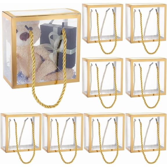 10sets Foldable Hot Stamping Transparent PVC Packaging boxes with Polyester Rope Handles Rectangle golden 7.4x14.1x14.1cm