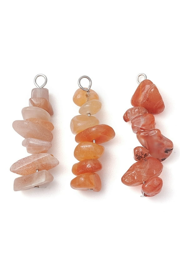 10sets Gradient color Red Aventurine & Sunstone & Topaz Chip Beaded Pendants with 304 Stainless Steel Loops Stainless Steel color 28~34x7~10x7~10mm Hole: 2x3mm 3pcs/set