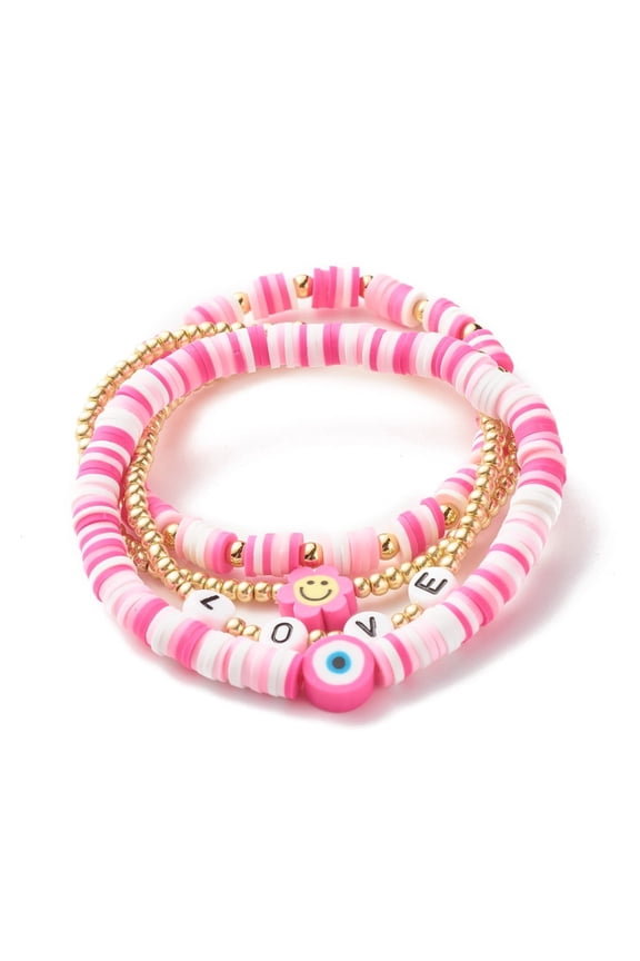 10sets Handmade Polymer Clay Heishi Beads Stretch Bracelets set Love Word Acrylic Beads Bracelets Smiling Face and Beads Lucky Bracelets Brass Round Beads Bracelets